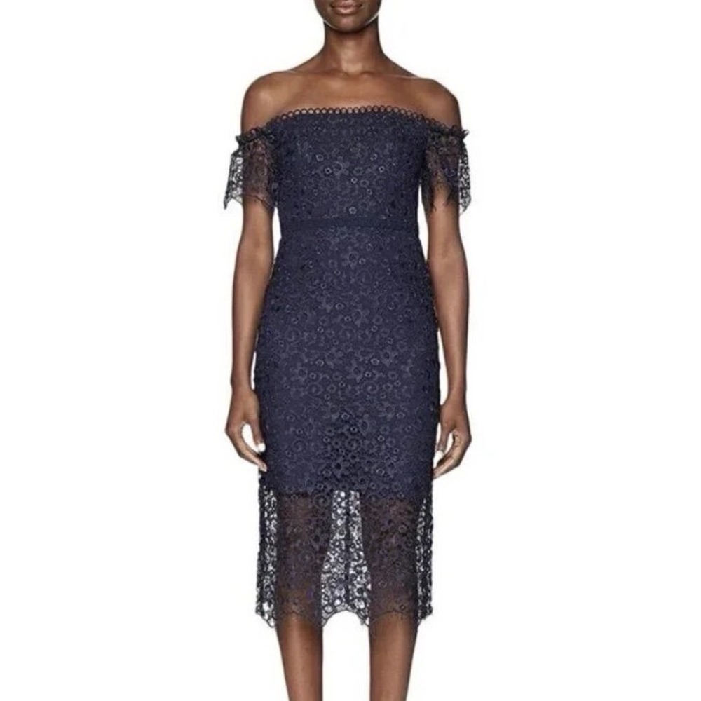 ML Monique Lhuillier Navy Off-Shoulder Lace Cocktail Dress Size 0 Fitted Midi